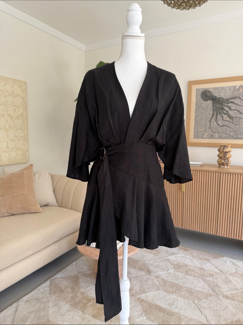 Black Wrap Mini Dress with Flared Skirt and Tie Waist